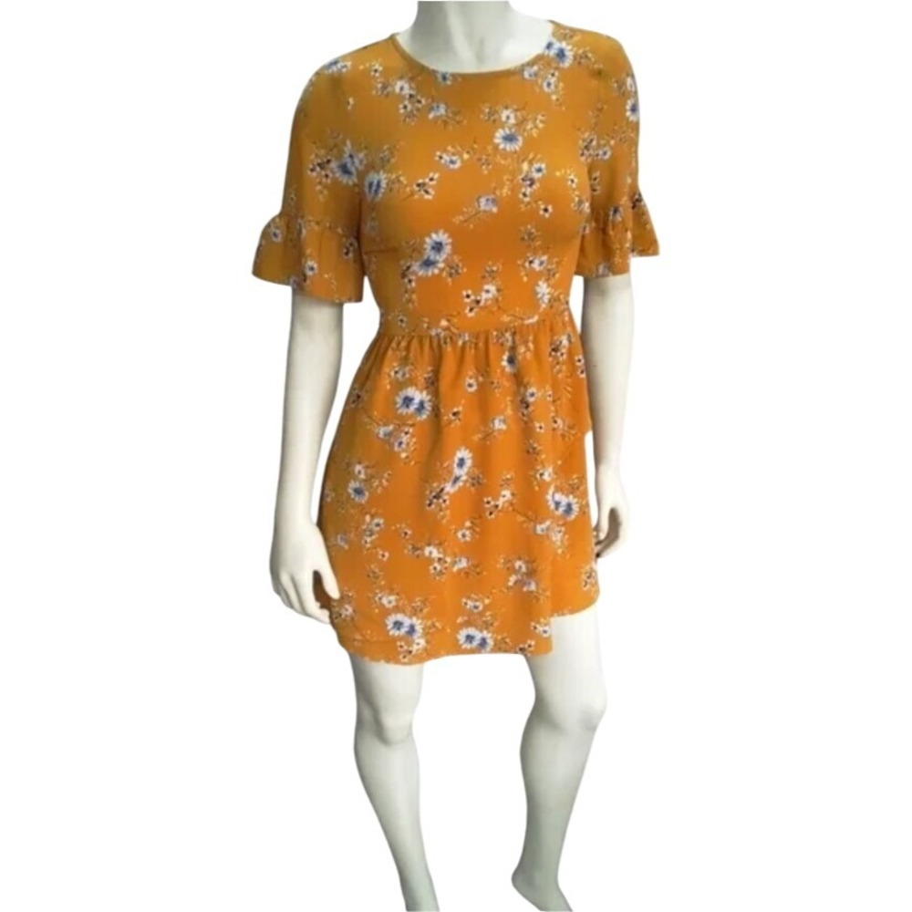 Yellow Floral Dress Women's Short Sleeve Ruffle Trim Casual Mini Dress NWOT